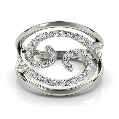 Silver ring with diamond accents on a white background