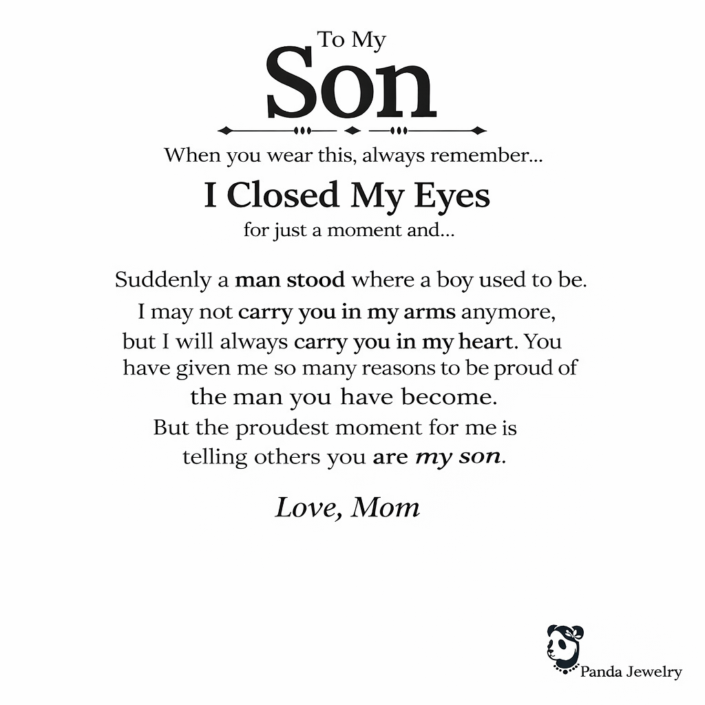 To My Son message card from Mom on a white background and Panda Jewelry store  logo