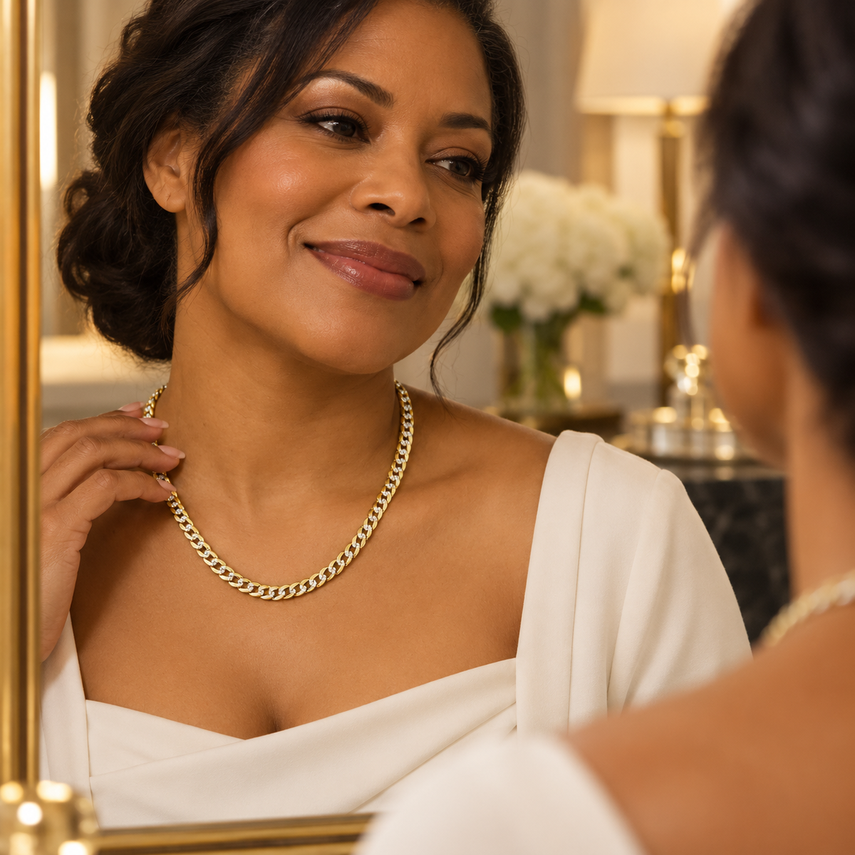 Two-Tone Pavé Curb Link Chain Necklace in 14K Gold – 4.60 mm worn as a lifestyle piece, showcasing the bold curb link silhouette and sparkling pavé detailing.