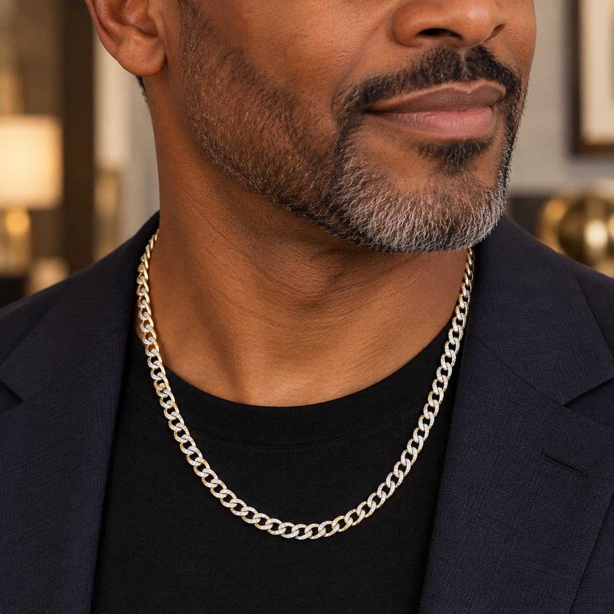 Two-Tone Pavé Curb Link Chain Necklace in 14K Gold – 4.60 mm, close-up detail of pavé curb links highlighting two-tone yellow and white gold finish.