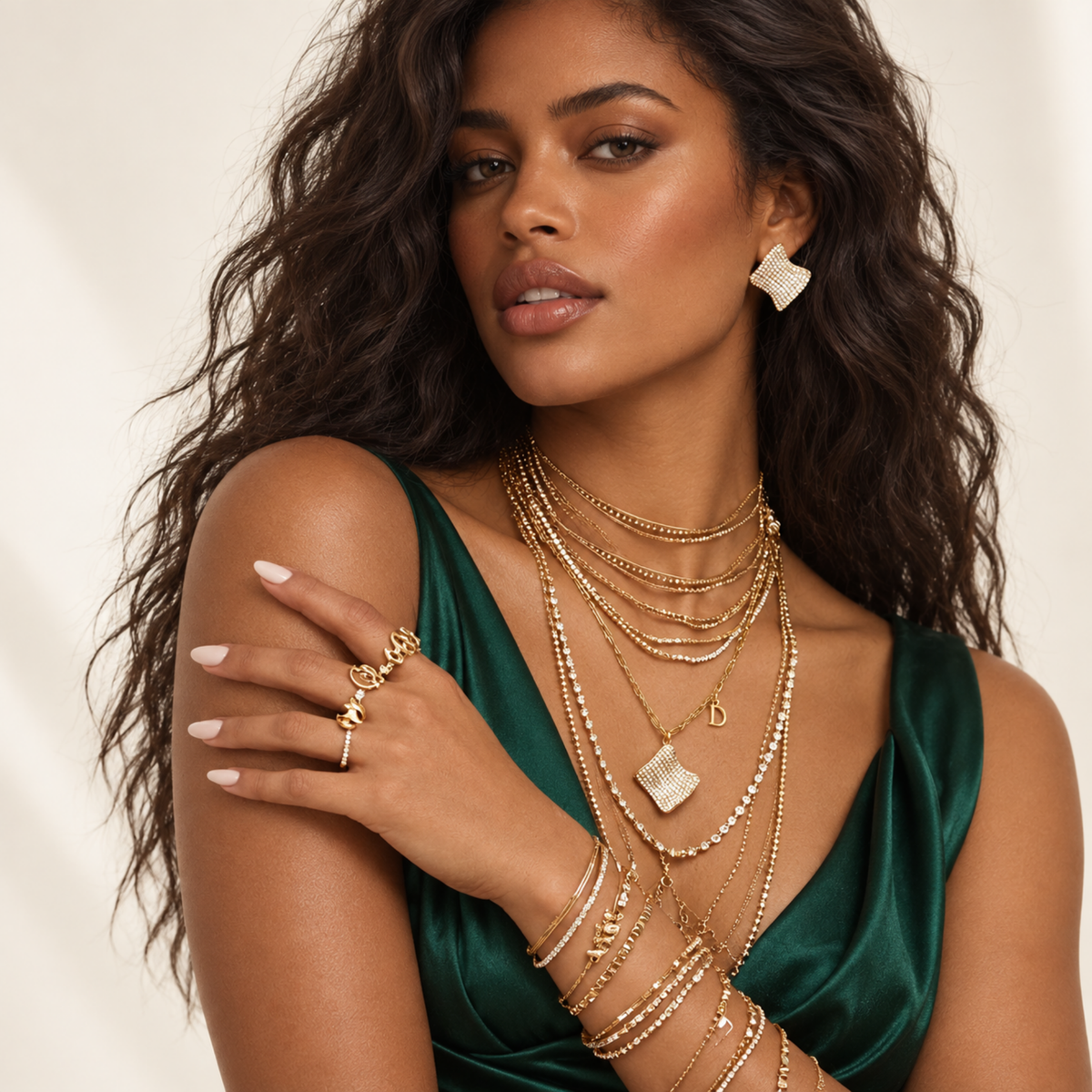 Wave Luxe Necklace and earring set worn by a woman with other layered jewelry.