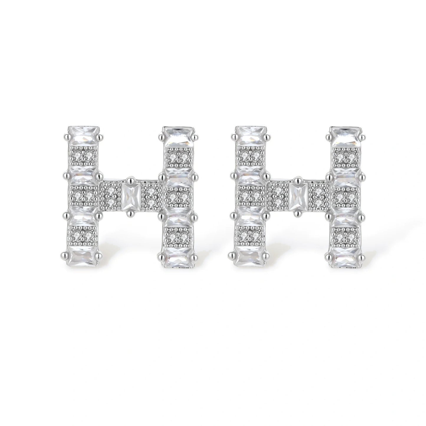 Letter H jewelry set featuring geometric crystal design in gold and white gold plated finish with adjustable chain necklace