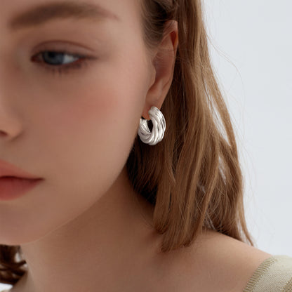 Exaggerated Hollow Chunky Electroforming Elegant Twisted 999 Sterling Silver Statement Jewelry Mini Round Hoop Earrings