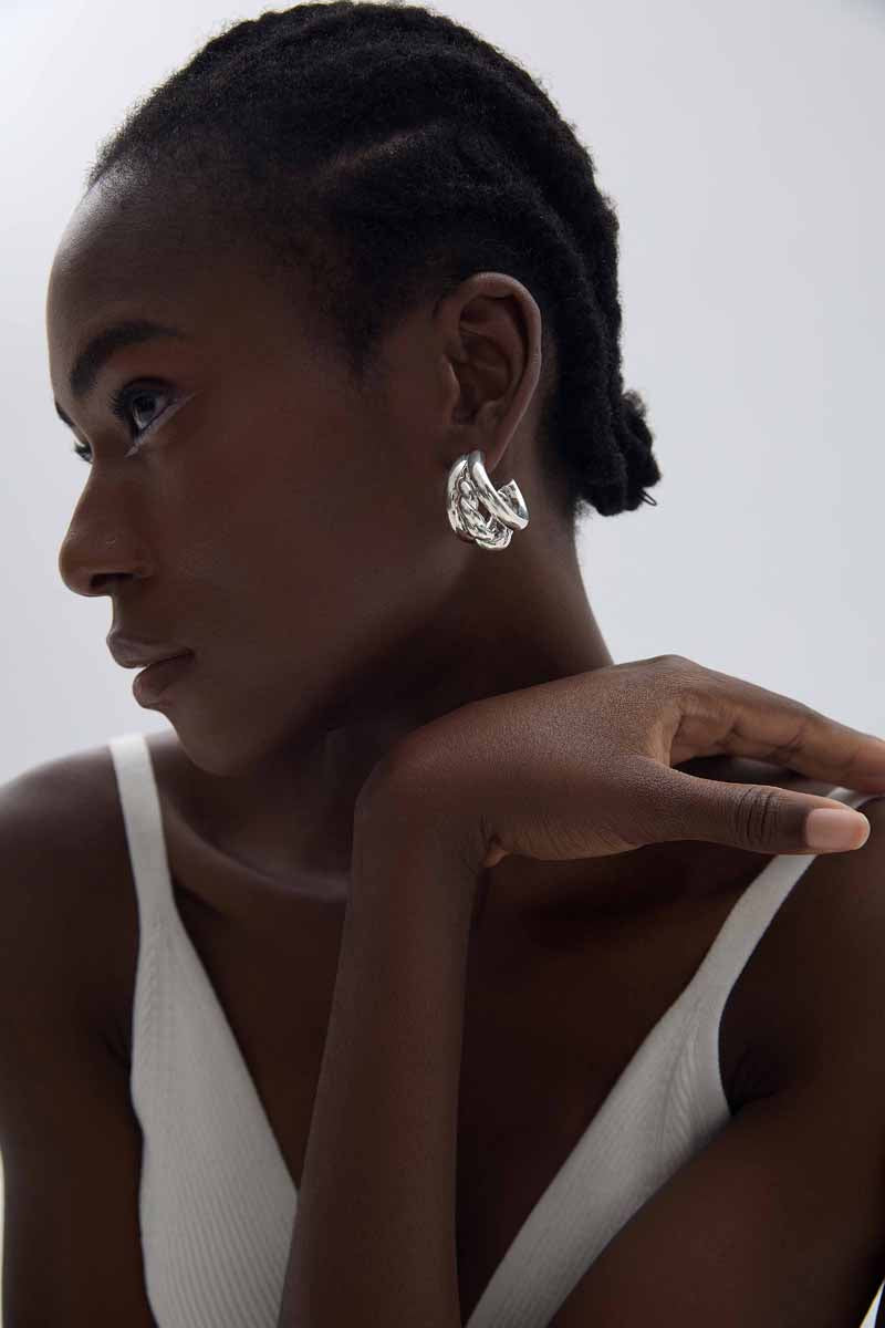 Geometry Round Three Twisted Tube S999 Sterling Silver Huggie Hoop Earrings (Pre-Sale)