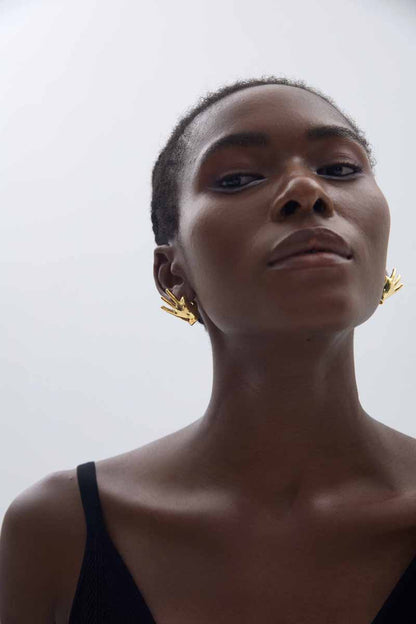 Fine Jewelry Holiday Yellow Gold Plated OK Hand S999 Sterling Silver Electroforming Hollow Light Exaggerated Earrings