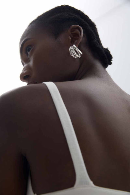 Geometry Round Three Twisted Tube S999 Sterling Silver Huggie Hoop Earrings (Pre-Sale)