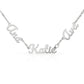 Personalized 2 or 3 Name Necklace on model, script name charm in polished stainless steel on adjustable cable chain.