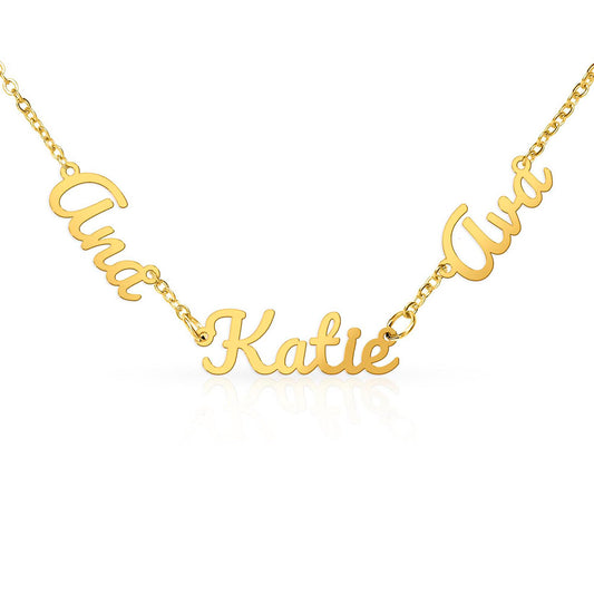 Personalized 2 or 3 Name Necklace, polished steel finish, close-up of script name charm on adjustable cable chain.