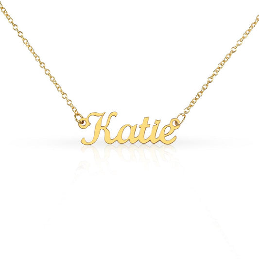 Personalized name necklace in 18K gold finish with cursive script pendant on cable chain