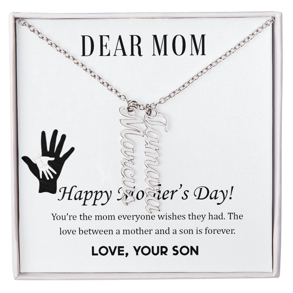 To Mom | From Son  Multi-Personalized Vertical Name Necklace – Custom Gold Name Pendant Gift