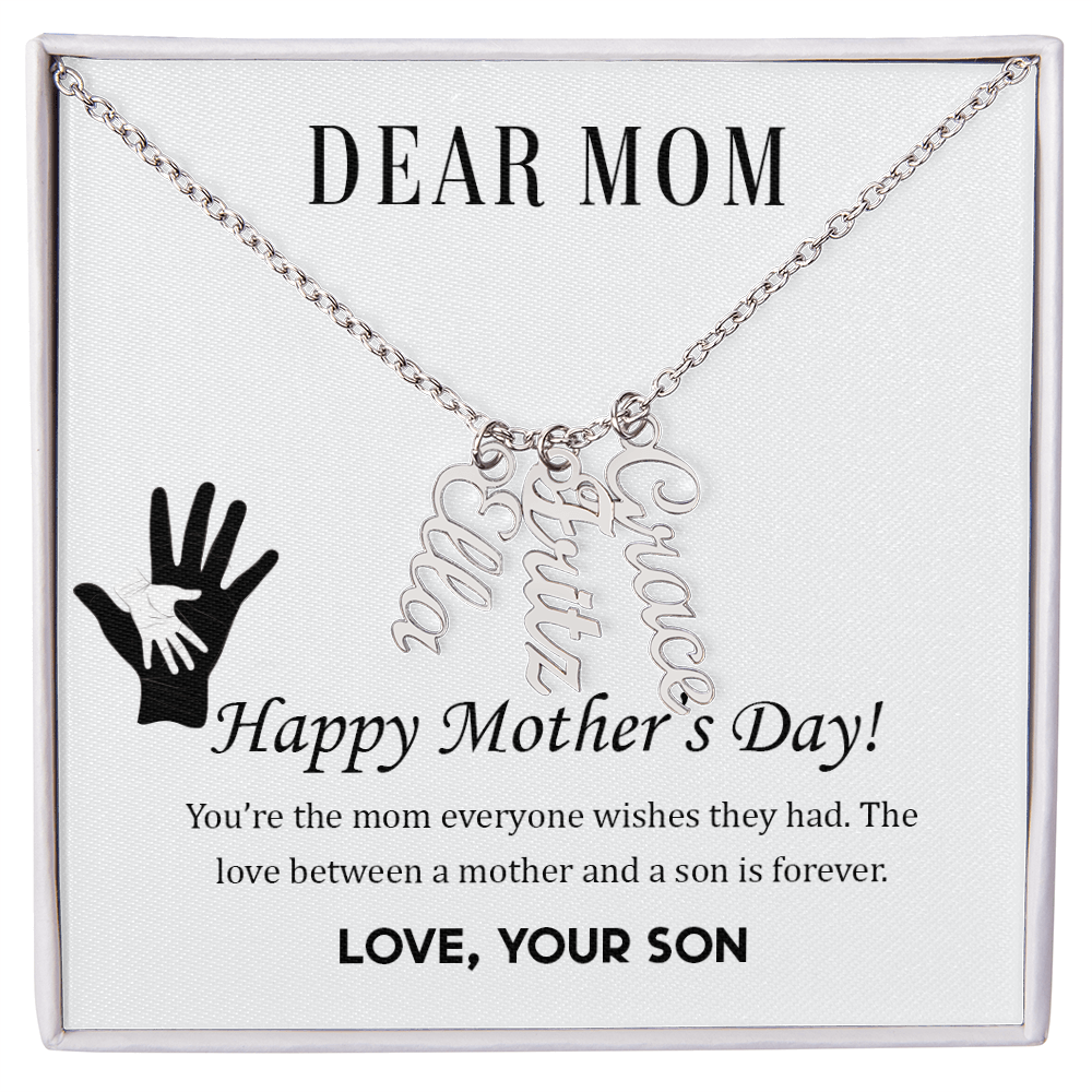To Mom | From Son  Multi-Personalized Vertical Name Necklace – Custom Gold Name Pendant Gift