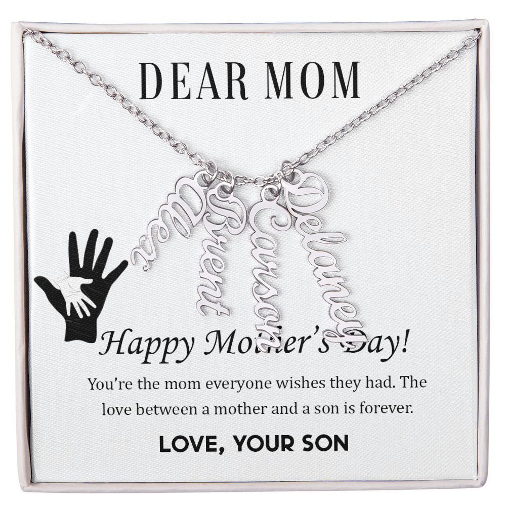 To Mom | From Son  Multi-Personalized Vertical Name Necklace – Custom Gold Name Pendant Gift