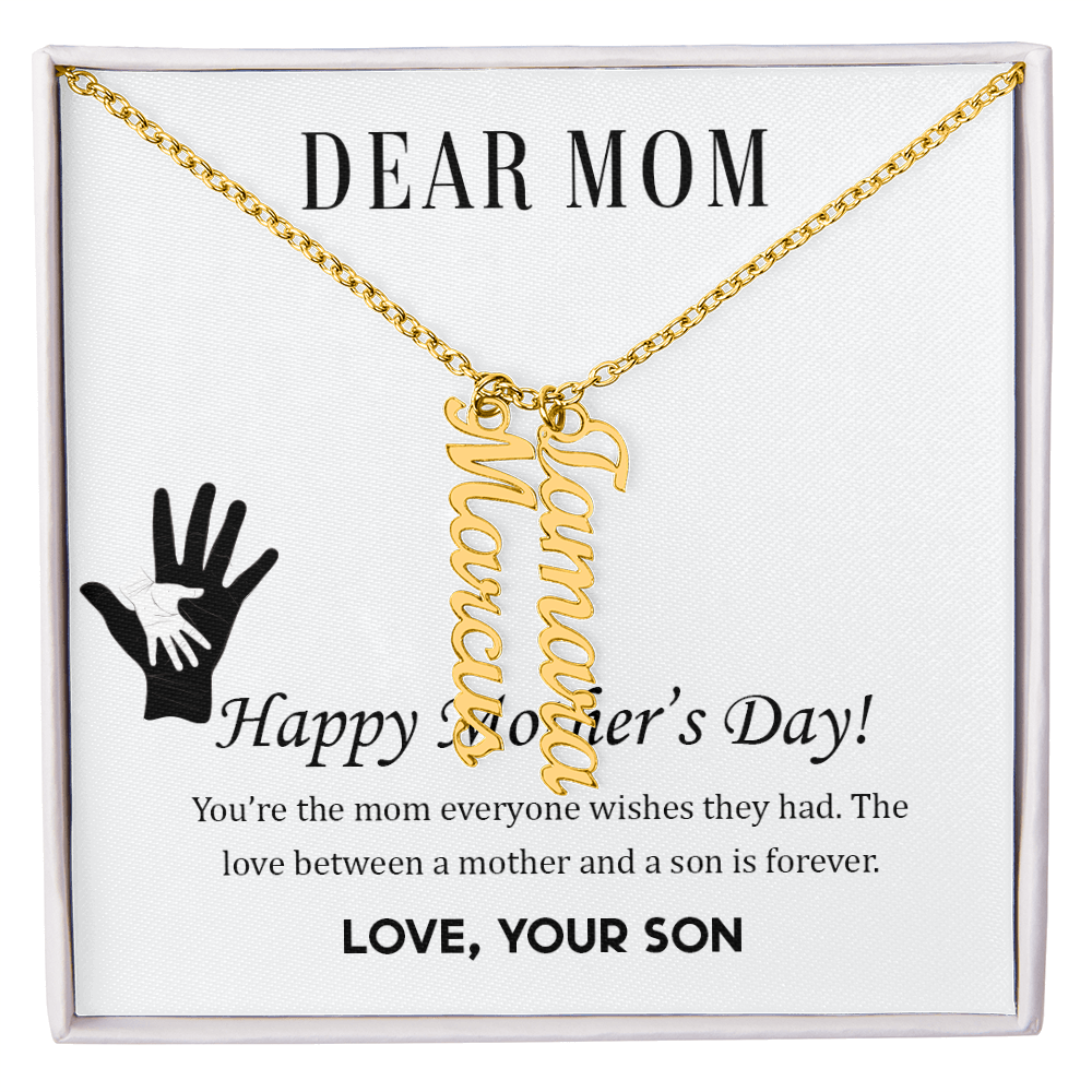 To Mom | From Son  Multi-Personalized Vertical Name Necklace – Custom Gold Name Pendant Gift