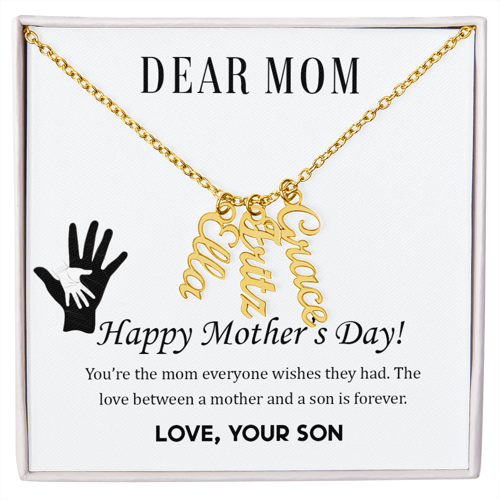 To Mom | From Son  Multi-Personalized Vertical Name Necklace – Custom Gold Name Pendant Gift