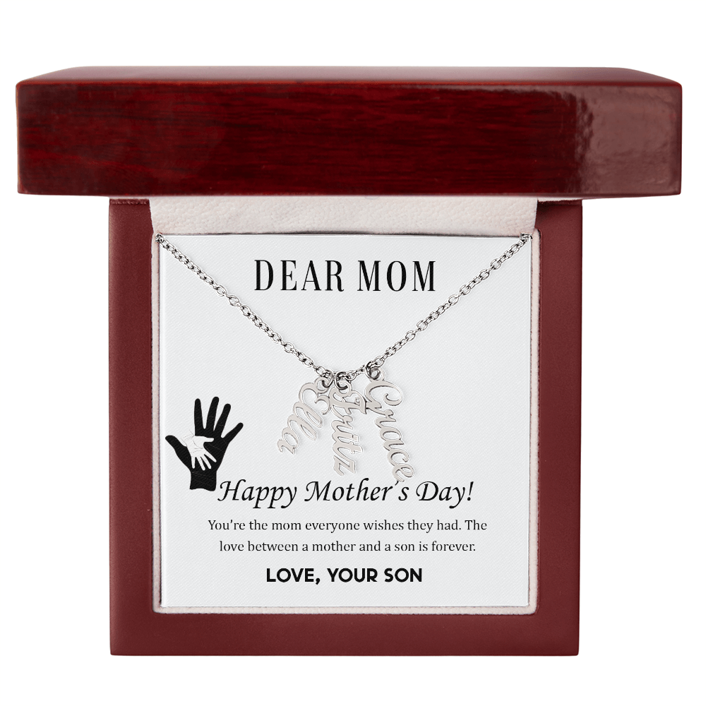 To Mom | From Son  Multi-Personalized Vertical Name Necklace – Custom Gold Name Pendant Gift