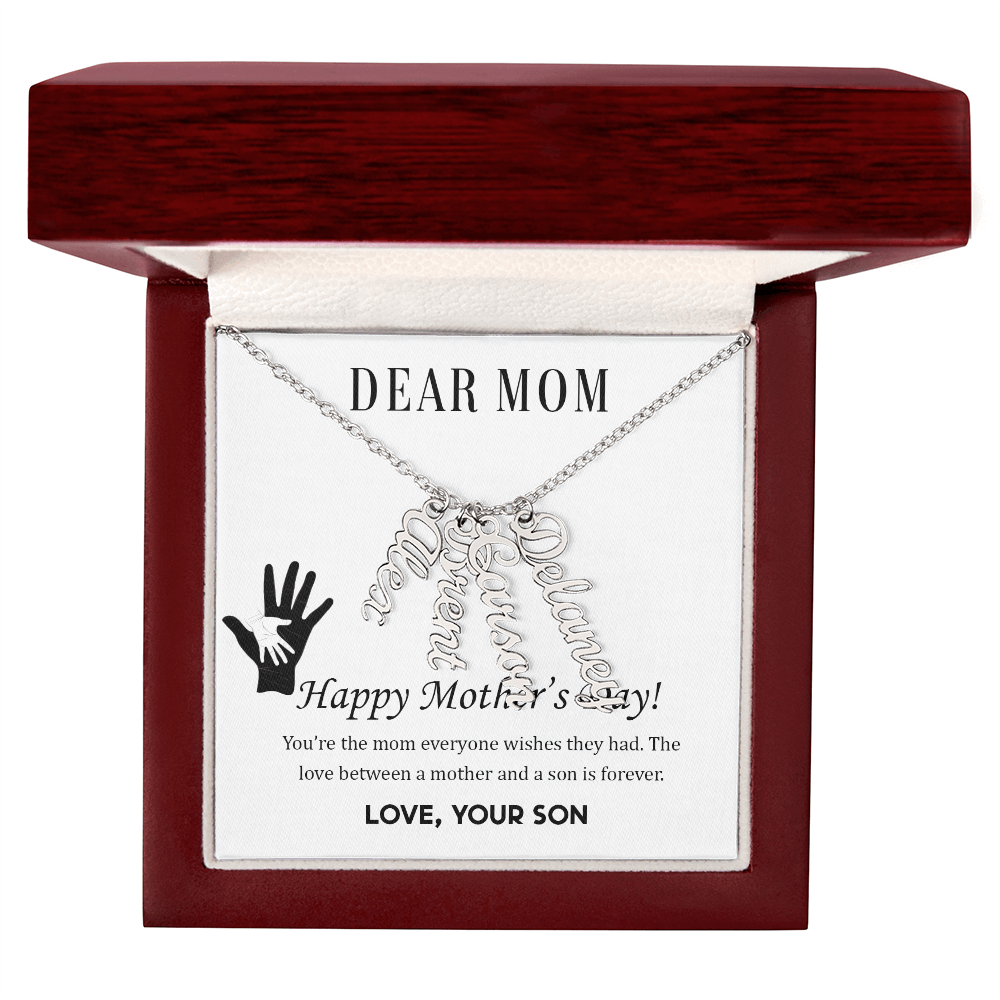 To Mom | From Son  Multi-Personalized Vertical Name Necklace – Custom Gold Name Pendant Gift