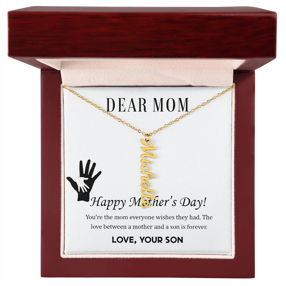 To Mom | From Son  Multi-Personalized Vertical Name Necklace – Custom Gold Name Pendant Gift