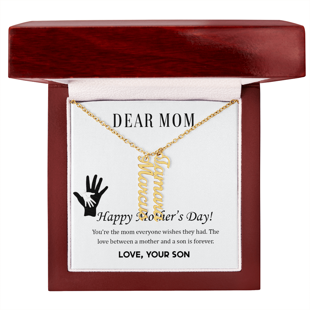 To Mom | From Son  Multi-Personalized Vertical Name Necklace – Custom Gold Name Pendant Gift