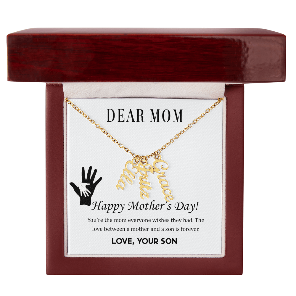 To Mom | From Son  Multi-Personalized Vertical Name Necklace – Custom Gold Name Pendant Gift