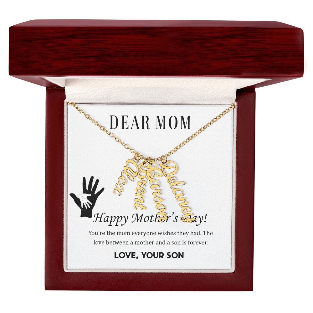To Mom | From Son  Multi-Personalized Vertical Name Necklace – Custom Gold Name Pendant Gift