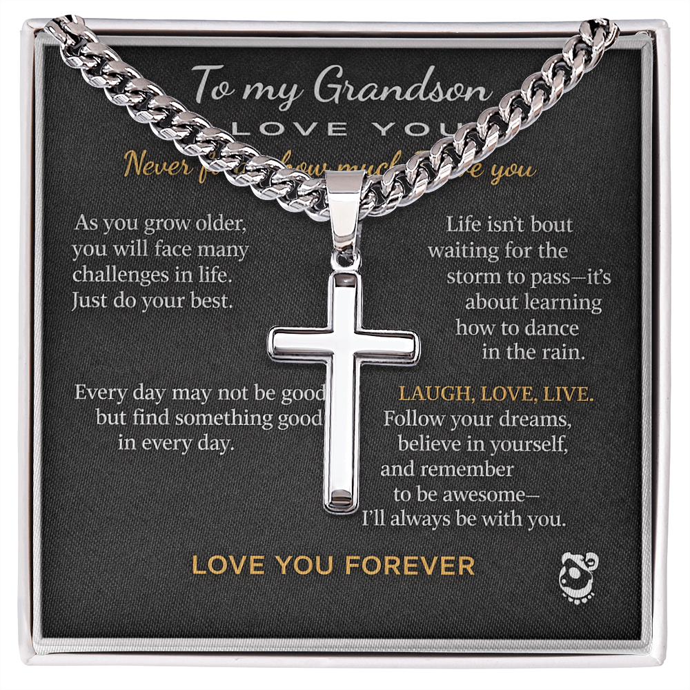 To My Grandson Personalized Artisan Cross with Cuban Link Chain