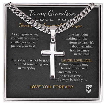 To My Grandson Personalized Artisan Cross with Cuban Link Chain