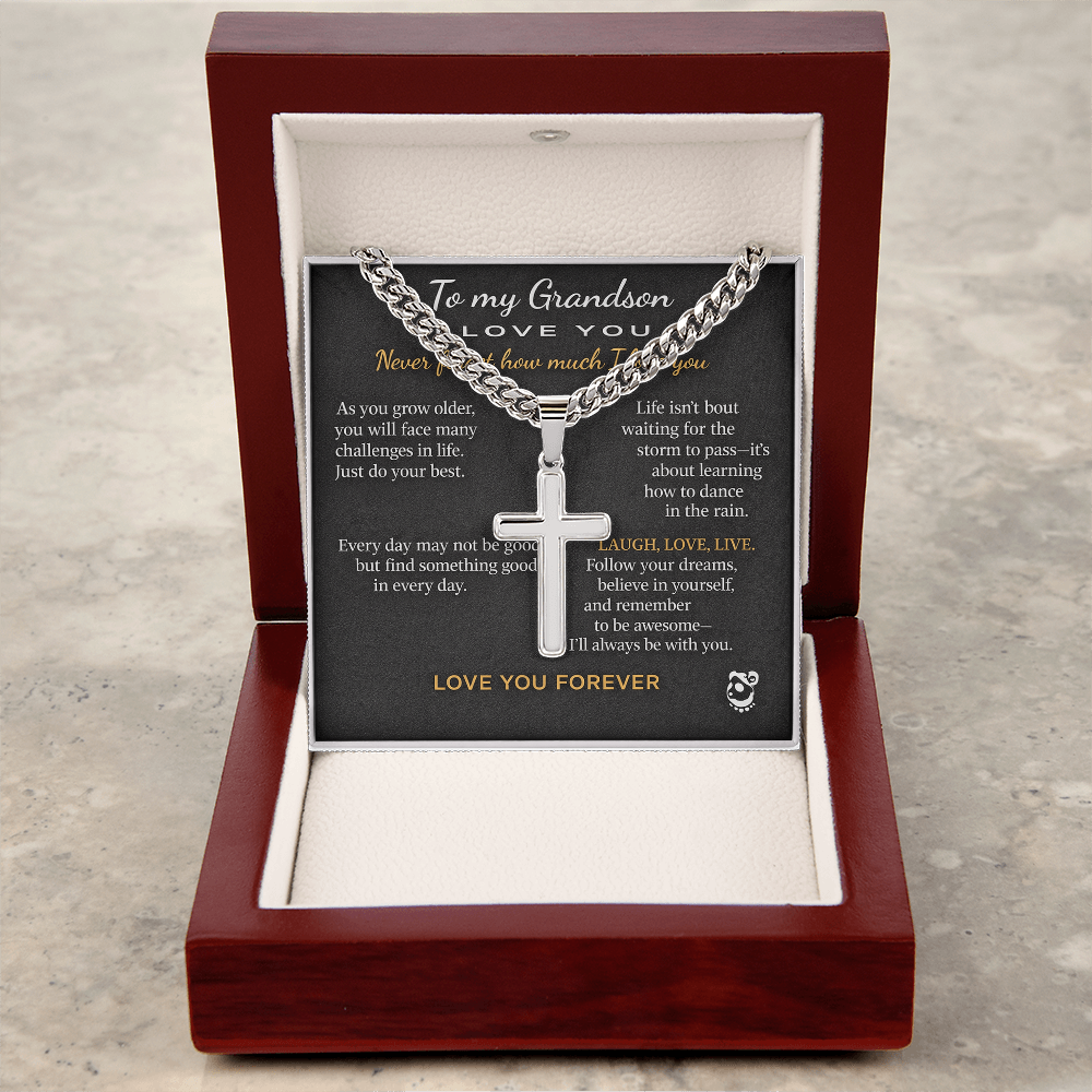 To My Grandson Personalized Artisan Cross with Cuban Link Chain