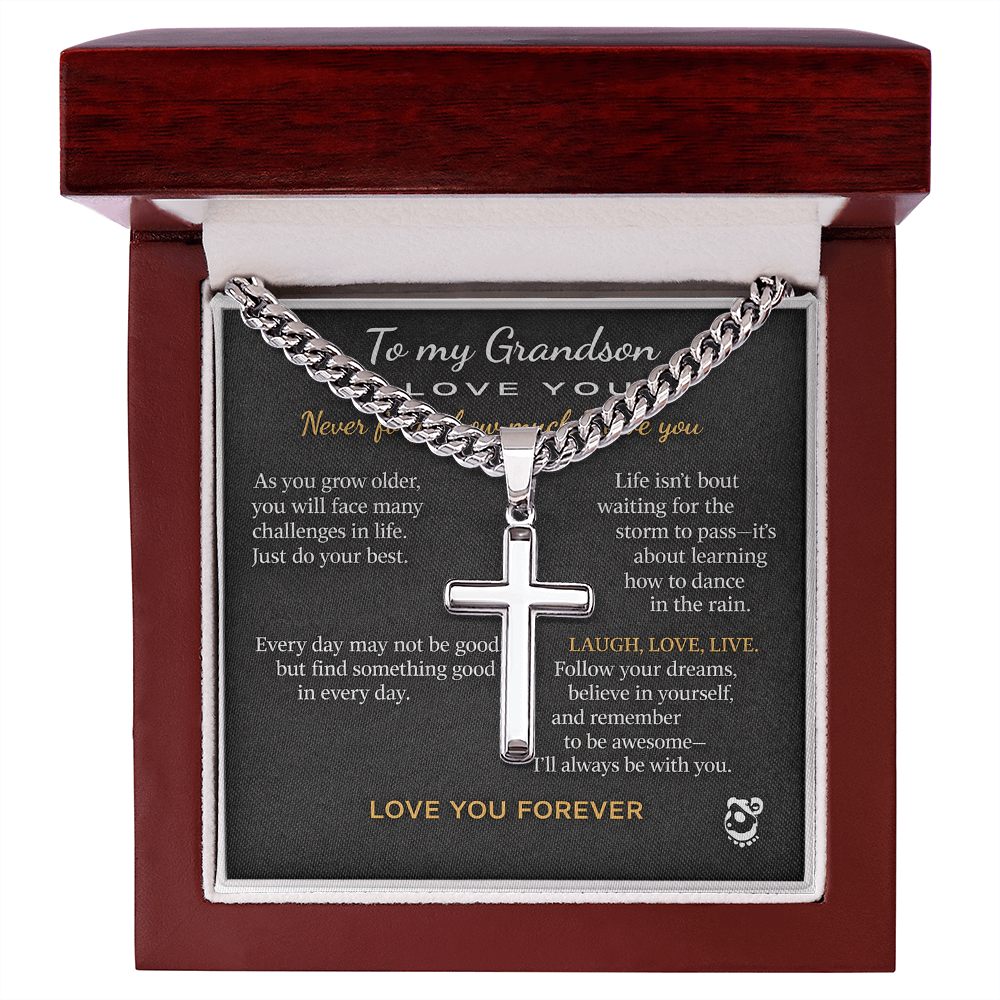To My Grandson Personalized Artisan Cross with Cuban Link Chain