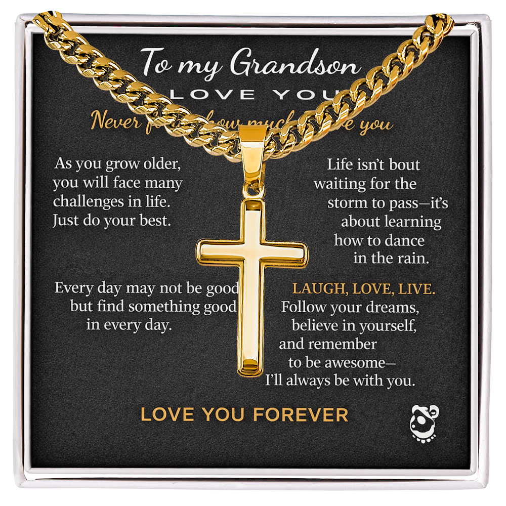 To My Grandson Personalized Artisan Cross with Cuban Link Chain