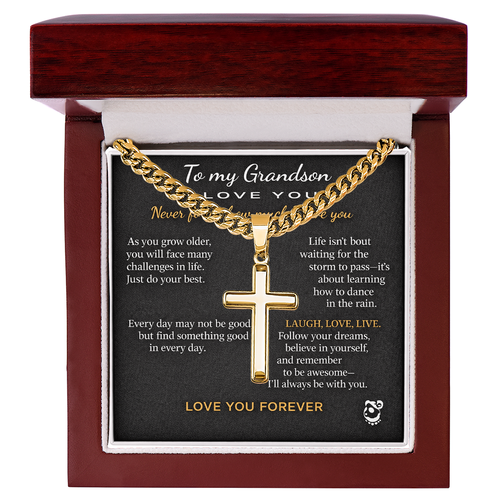 To My Grandson Personalized Artisan Cross with Cuban Link Chain