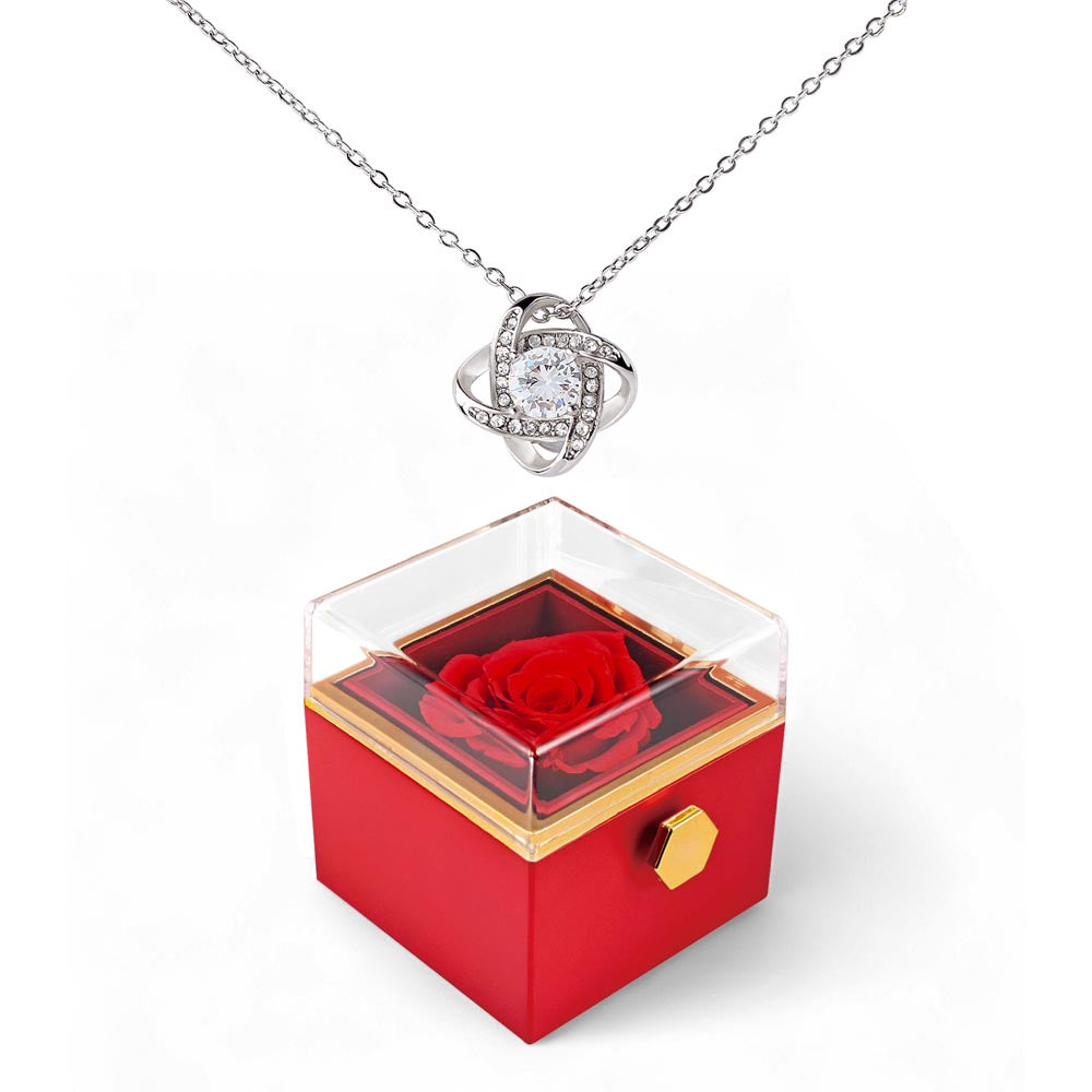 Love knot necklace with CZ crystals in rotating rose gift box — white gold finish