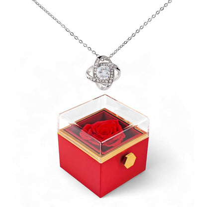 Love knot necklace with CZ crystals in rotating rose gift box — white gold finish