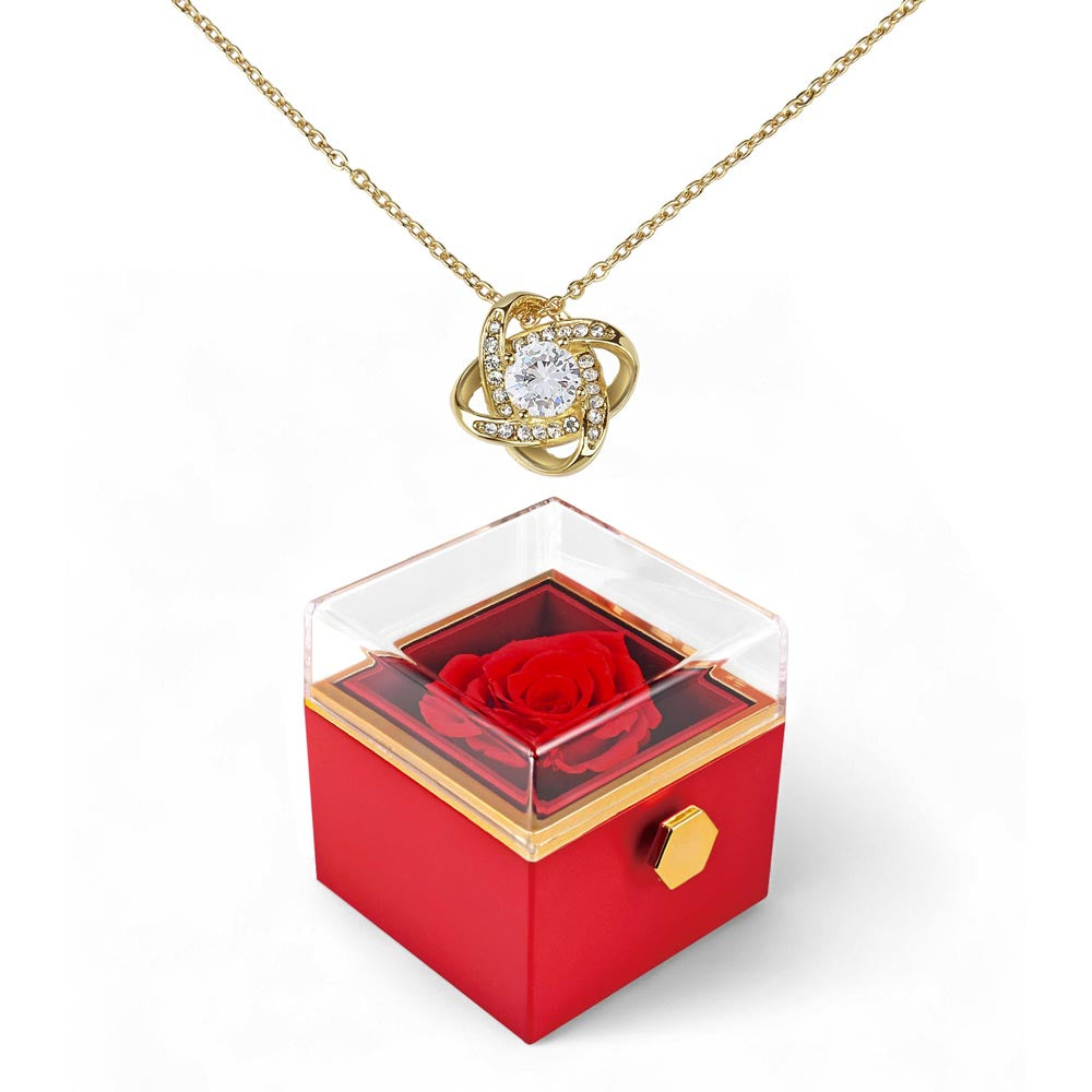 Love knot necklace in 18k yellow gold finish with preserved rose gift box