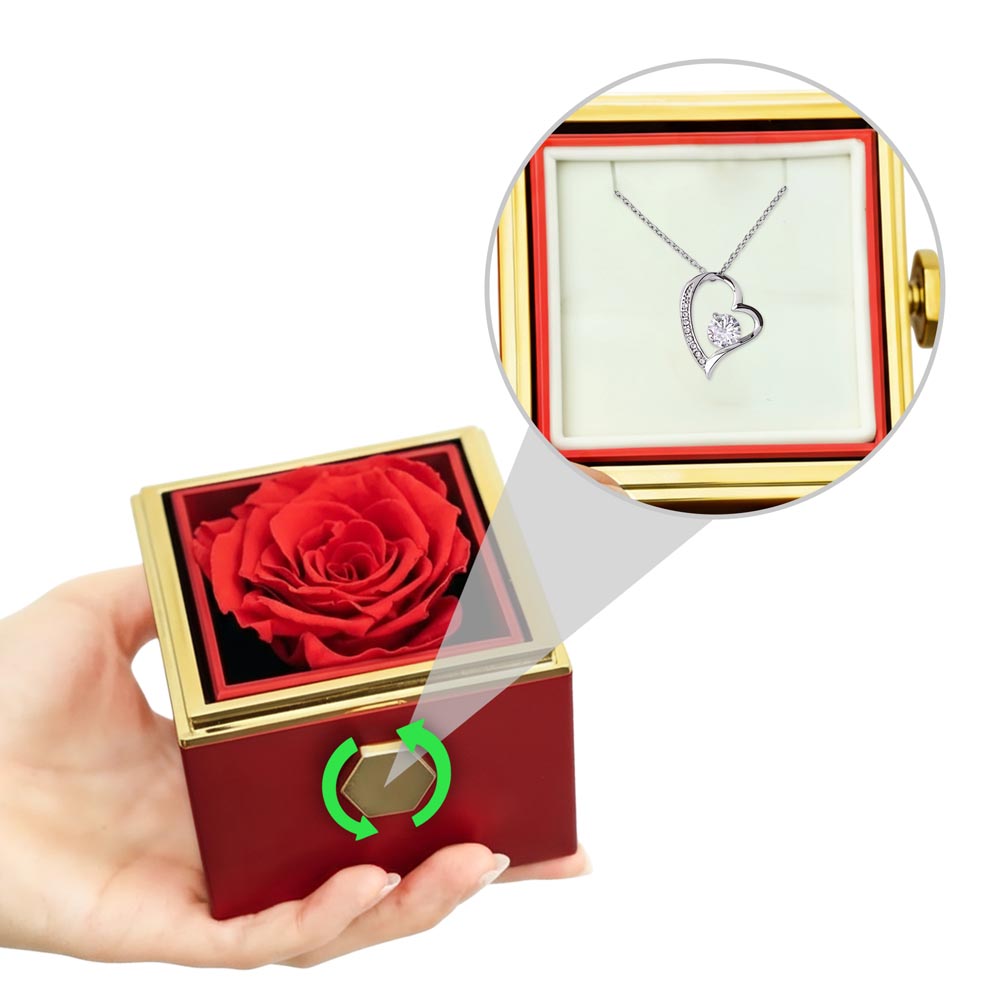 Illustration of the Forever Love Heart Necklace with Rotating Rose Gift Box