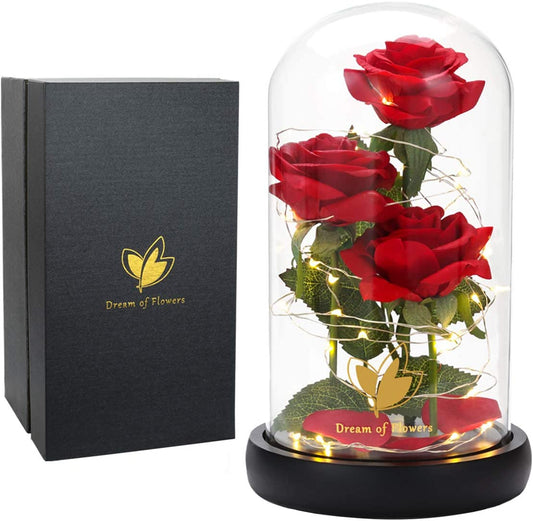Romantic LED-lit red rose in glass dome with luxury packaging, inspired by Beauty and the Beast, ideal for special gifts.