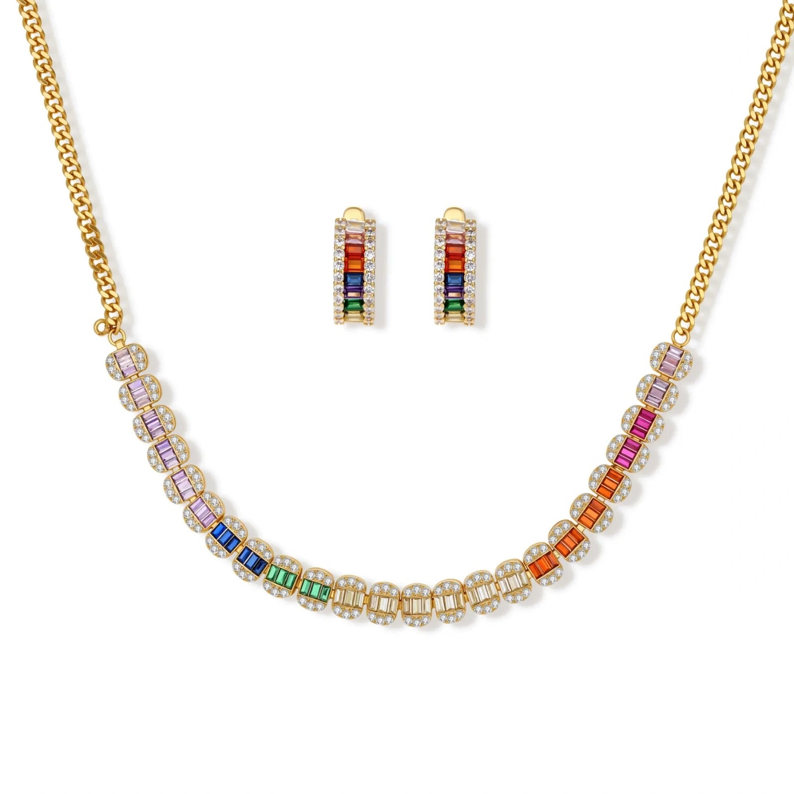 Gold-plated jewelry set featuring rainbow baguette-cut cubic zirconia stones in geometric design on cream background