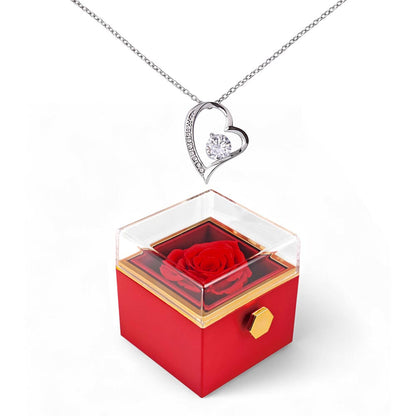 Forever Love heart pendant necklace in white gold finish, displayed in a luxury rotating rose gift box.
