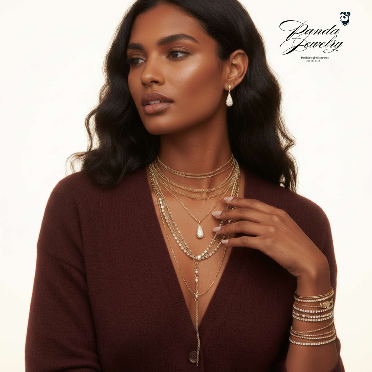 Golden Luxe Crystal Set layered styling — gold CZ necklace and earrings on bright background