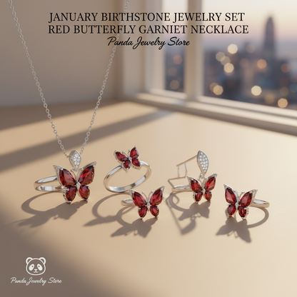 January Birthstone Jewelry Set Red Butterfly Garnet Fine Necklace/Earrings/Ring/Bracelet Sterling Silver Women Xmas Birthday Mother'S Day Gifts