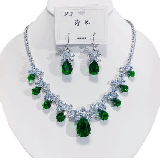Green Emerald Waterdrop Pendant Zirconia Necklace Earrings Women New Silver Color Bridal Wedding Fashion Jewelry Set Party Gifts