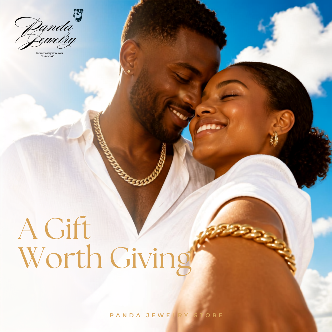 Black couple outdoors in golden hour light — woman wearing a 14K yellow gold 8mm curb chain bracelet, man wearing an 18K yellow gold Cuban link chain necklace, Panda Jewelry Store