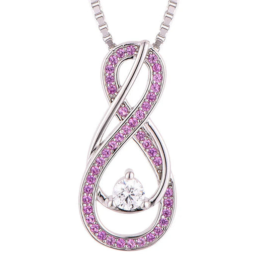 October Birthstone Infinity Necklace close-up showing pink stone-set curves and a clear round center stone.