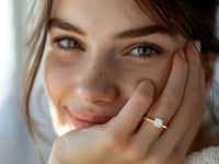 A woman wearing a large diamond gold ring in a white background