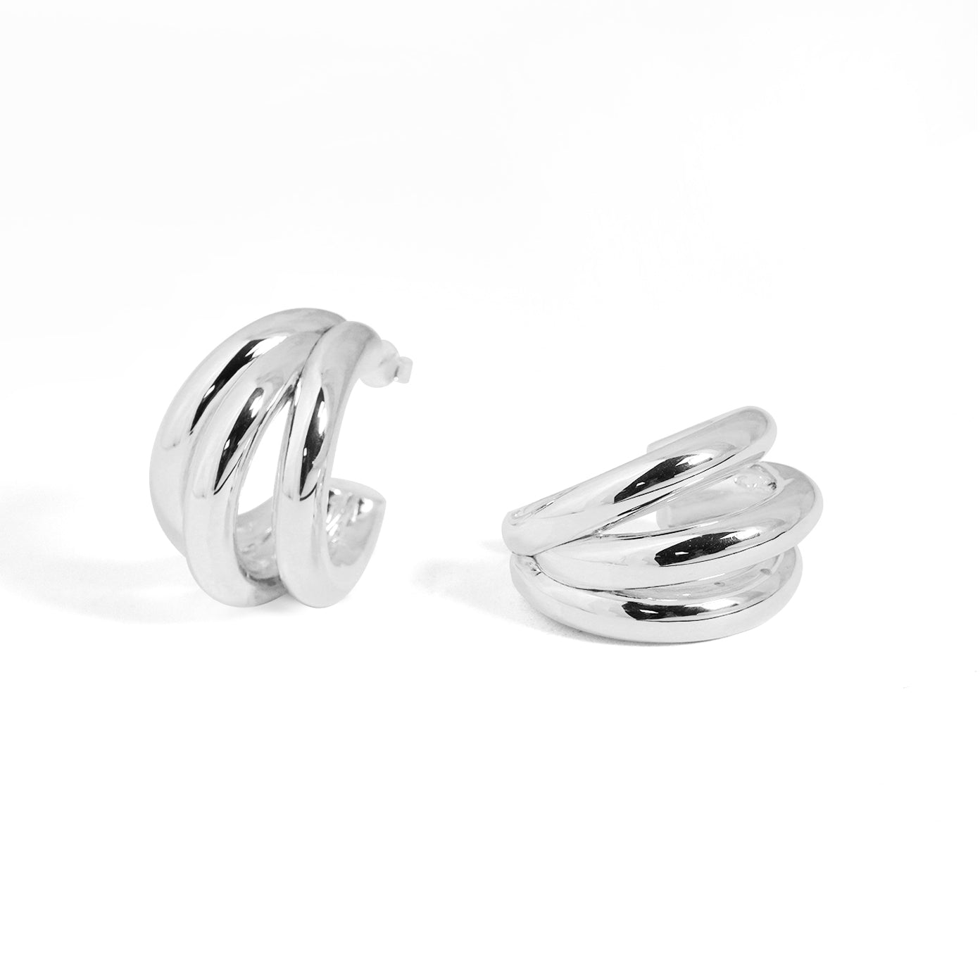 Fine Jewelry Electroforming Geometry Women Hollow Three C Shape Tube S999 Sterling Silver Huggie Caged Studs Earrings(Pre-Sale)