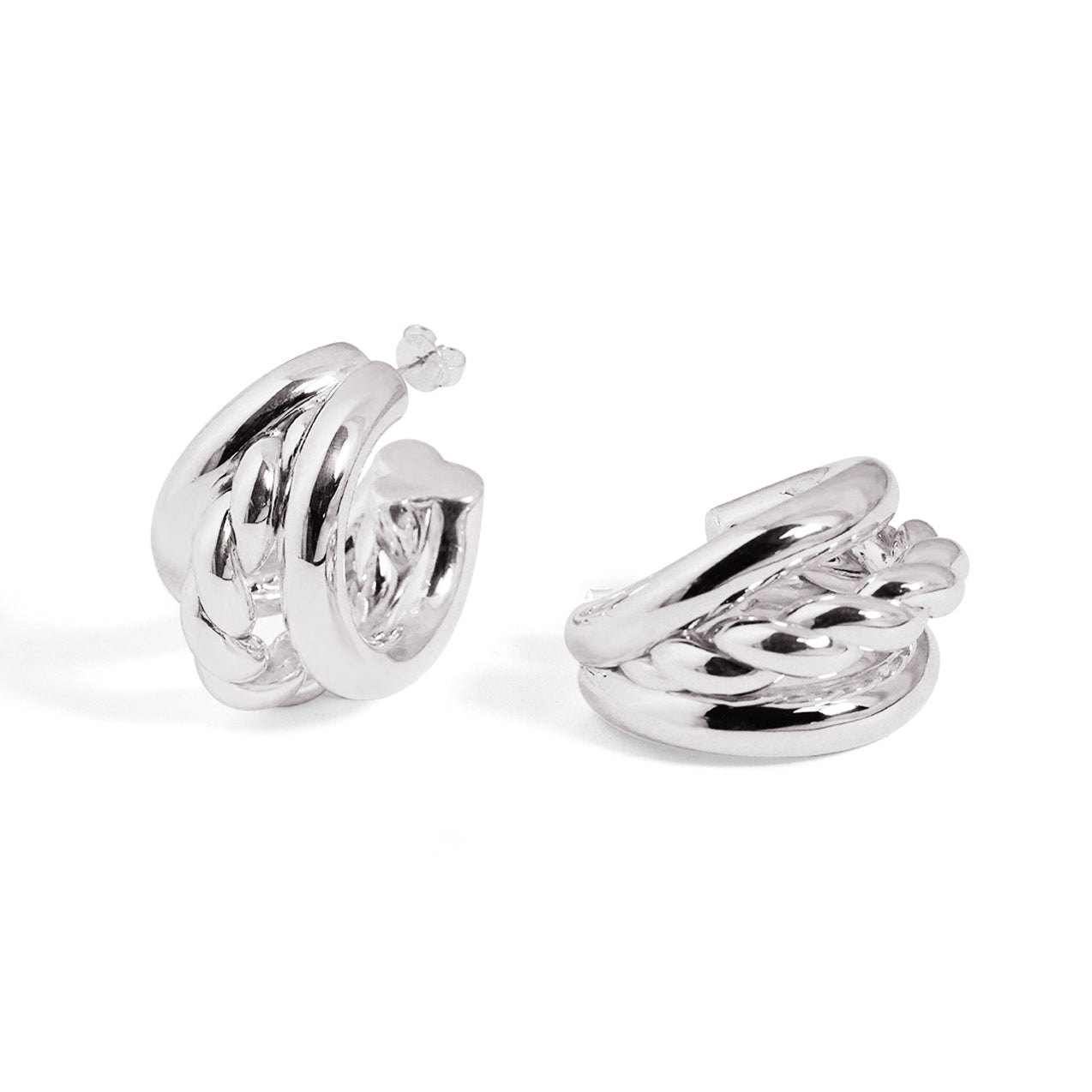 Geometry Round Three Twisted Tube S999 Sterling Silver Huggie Hoop Earrings (Pre-Sale)