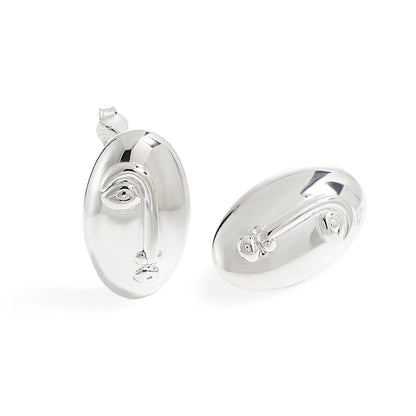 Women Fashion Jewelry Artistic 999 Pure Silver Huge Facial Oval Simple Portrait Electroforming Hollow Statement Earrings